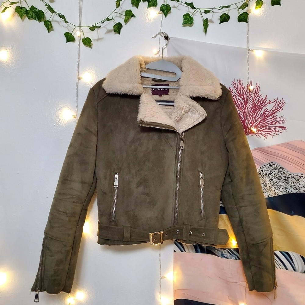 Green Faux Suede Aviator Jacket